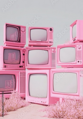 A stack of vintage pink televisions against a muted background, surrounded by soft greenery, creating a whimsical and nostalgic atmosphere.