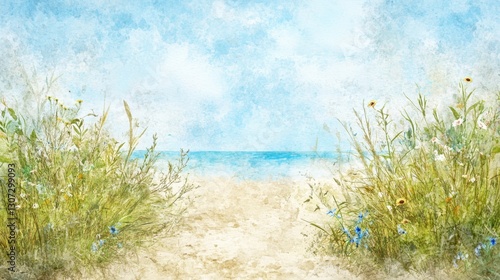 Wallpaper Mural Summer ocean breeze watercolor landscape beachfront nature artwork serene environment tranquil view coastal concept Torontodigital.ca