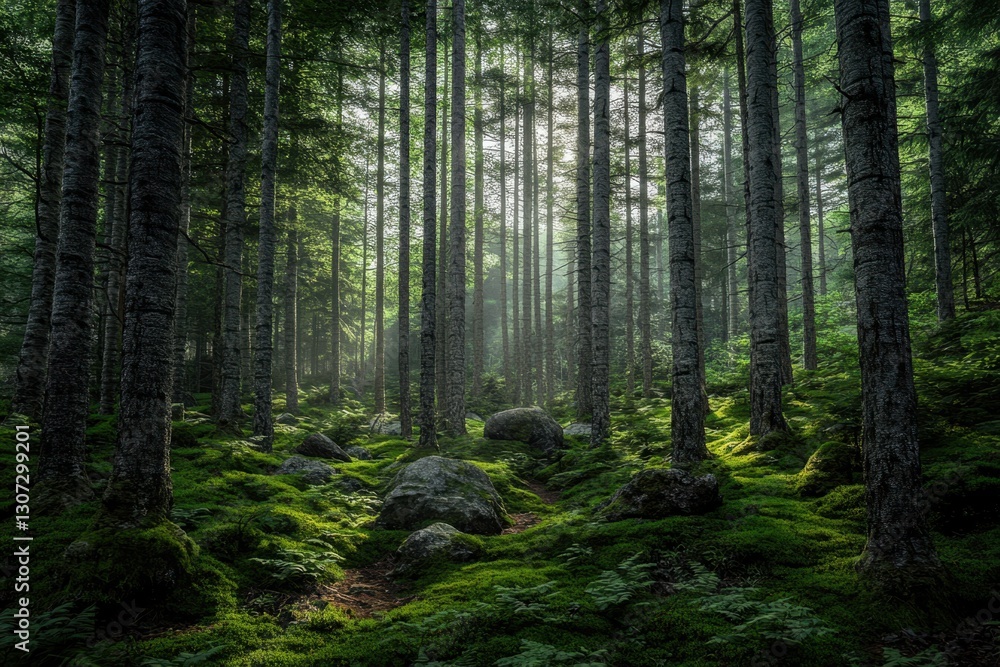 Obraz premium Sunlight filters through dense trees in a tranquil forest during early morning hours