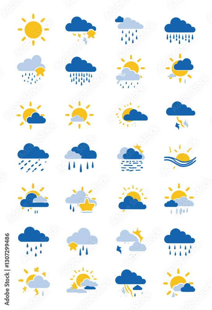 Obraz premium Weather forecast vector icon set with sunshine, rain and clouds