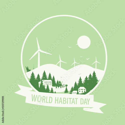 World Habitat Day green papercut scenery with windmills