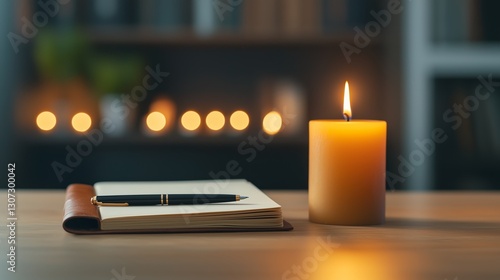 Candle and Notebook on a Cosy Evening Table