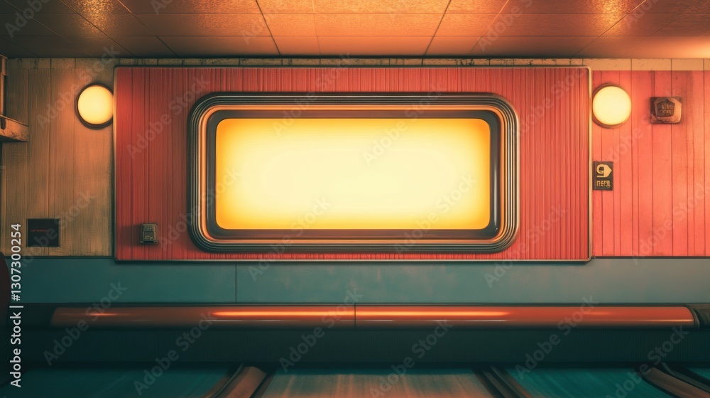 Empty Retro Train Station Interior with Illuminated Panel and Warm Lighting, Ideal for Transport Themes and Vintage Aesthetic Projects Empty Retro Train Station Interior with Illuminated Panel and Warm Lighting, Ideal for Transport Themes and Vintage Aesthetic Projects
