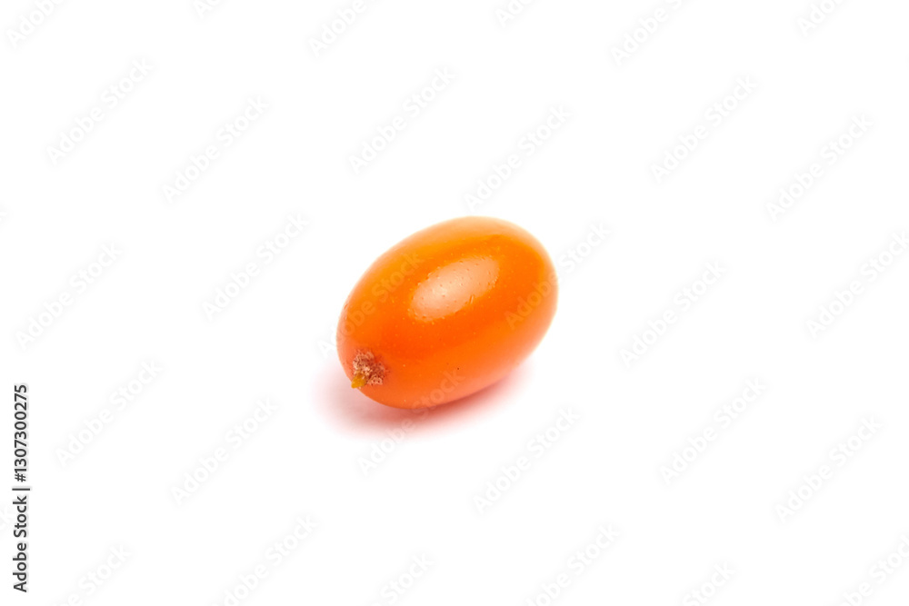 Single sea buckthorn berry with a vibrant orange color, smooth glossy surface, and an oval shape, isolated on a white background Single sea buckthorn berry with a vibrant orange color, smooth glossy surface, and an oval shape, isolated on a white background