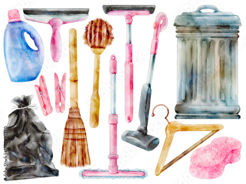 Watercolor Cleaning Supplies Illustration Set, Hand-painted, Household Cleaning Tools, Broom, Mop, Trash Can, Gloves, Squeegee, Vacuum, Hanger, DIY, Decor, Scrapbooking, Learning Resources