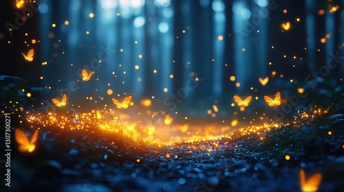 Glowing Butterflies in a Dark Enchanted Forest at Night