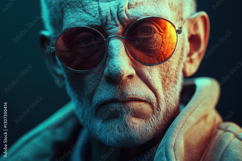 Elderly man with sunglasses and serious expression posing against a blue and orange backdrop Elderly man with sunglasses and serious expression posing against a blue and orange backdrop