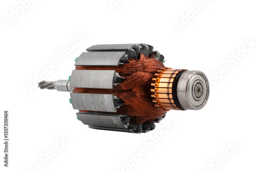 Electric DC motor rotors with copper commutator and coil wire winding isolated on white background. Magnet engine isolated.  Starter anchor motor.