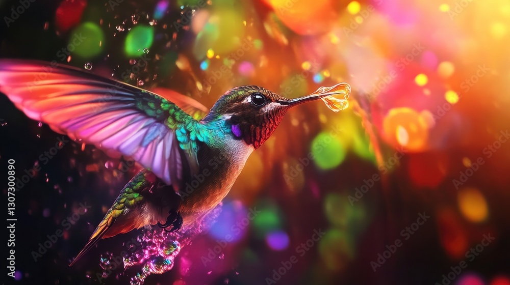 Rainbow Hummingbird in Pixelated Flight with Bokeh Lights Rainbow Hummingbird in Pixelated Flight with Bokeh Lights