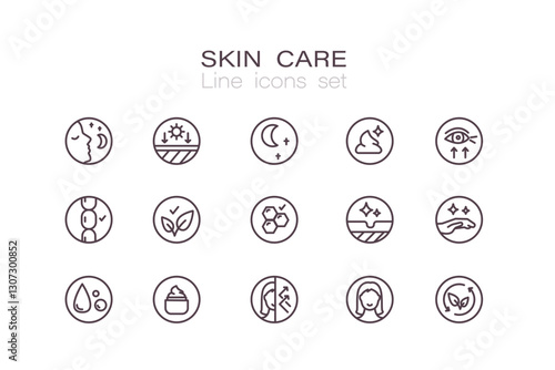 Skin care line icons set. Moisture cream, acid, anti wrinkle serum, collagen, retinol compound, sunscreen. Outline signs for routine skincare, products property.