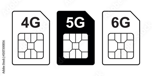 4G pictogram or sign. 5G Sim Card icon. 6G network sign. Mobile telecommunications technology symbols. Monochrome design, set of black icons isolated on white background