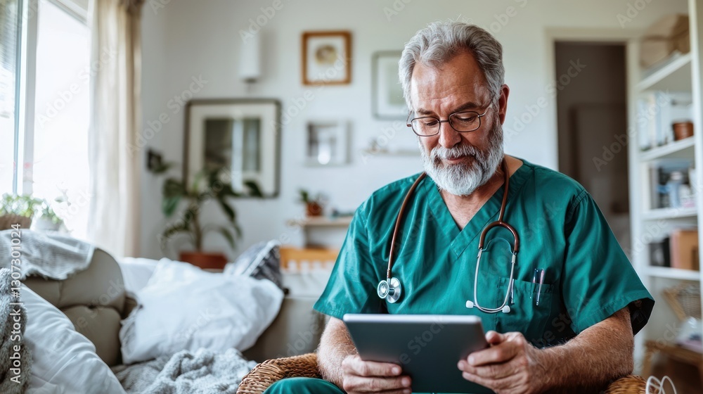 Experienced Male Doctor Using Tablet in Modern Home Environment Experienced Male Doctor Using Tablet in Modern Home Environment