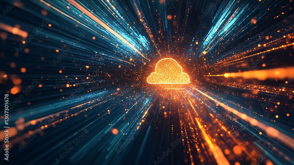 Naklejka premium Glowing cloud symbol surrounded by abstract data light streams