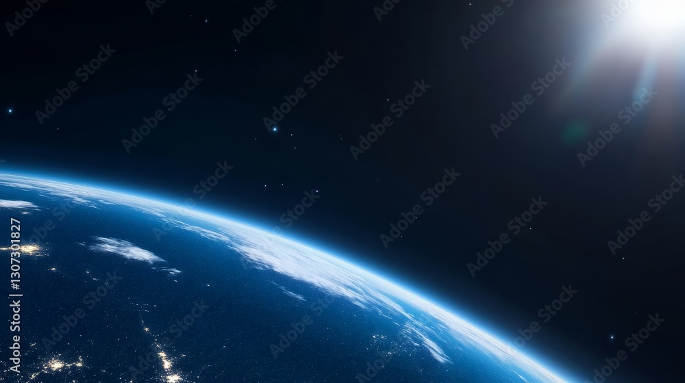 Obraz premium Earthrise From Space - Stunning view of Earth from space, showing the planet's curvature and atmospheric glow with the sun rising
