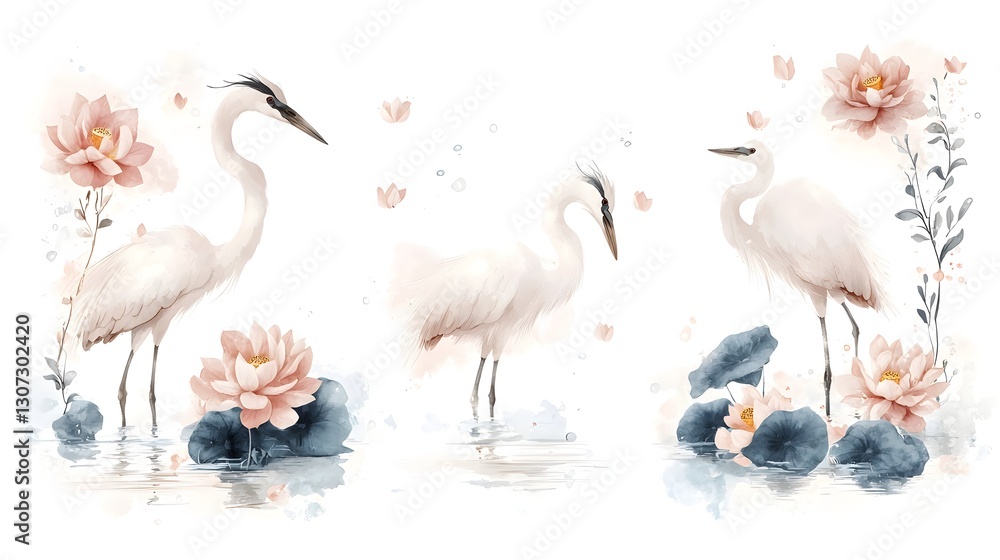 Obraz premium Elegant herons gracefully wading through a serene lotus filled pond set against a soft dream like color palette in this nature inspired minimalist digital artwork