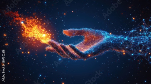 Abstract hand holding fire, digital art.
