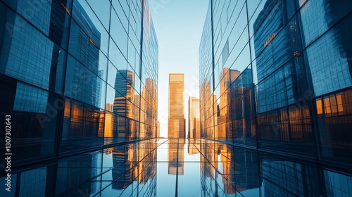 Reflective Cityscape at Sunrise Blue and Orange Tones