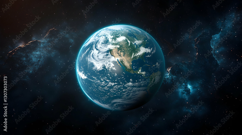 Naklejka premium Earth from space, showing North and Central America, surrounded by nebulae.