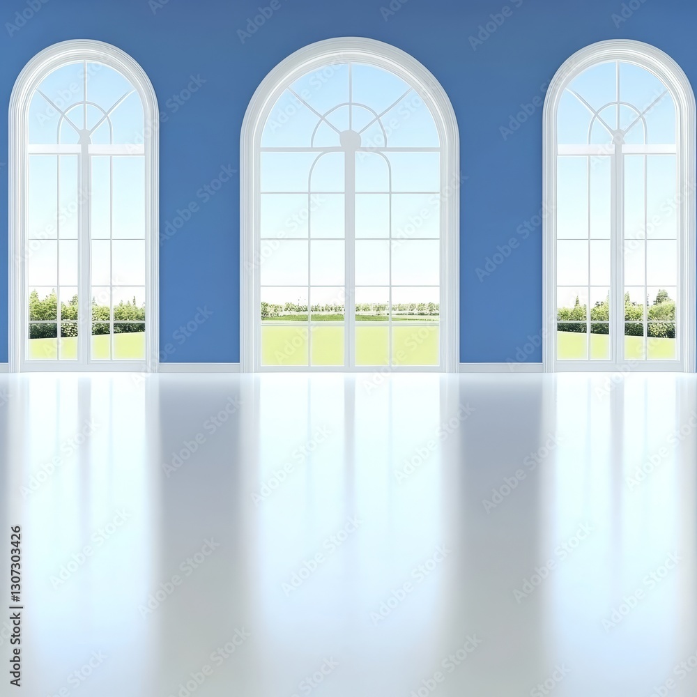 Fototapeta premium Elegant Room with Blue Walls and Arch Windows - Bright room with blue walls and three large arched windows offering a view of a tranquil green landscape. Clean lines and shiny floor