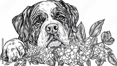 Monochrome illustration of a St. Bernard dog resting its paws on a bush of flowers. photo