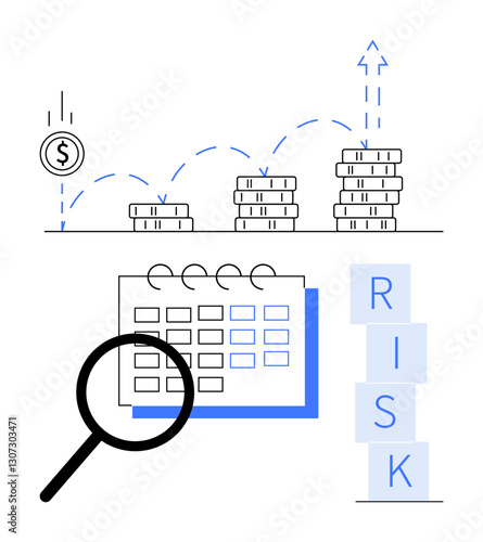 Stacked coins illustrate profit growth, calendar analyzed with magnifier, and risk blocks symbolize financial challenges. Ideal for planning, investments, finances, savings, projections, business
