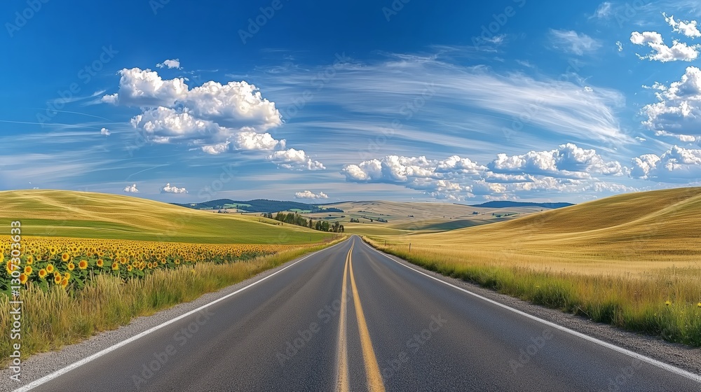 Fototapeta premium Scenic Country Road Through Golden Fields and Sky