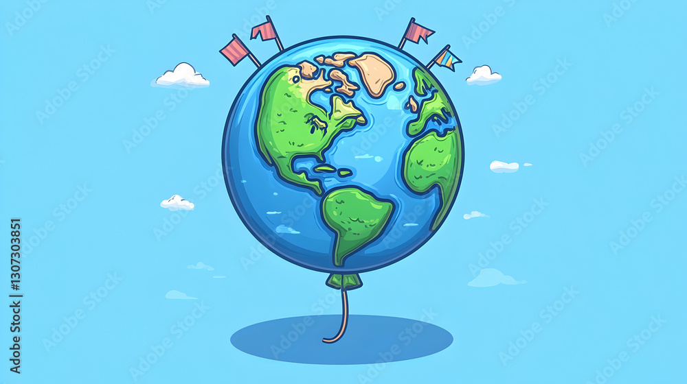 Naklejka premium Cartoon Earth balloon with flags.