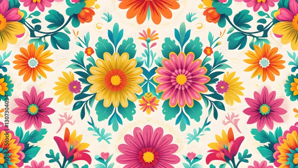 A vibrant vector set of traditional Mexican folk ornaments featuring intricate, symmetrical patterns of colorful flowers, including marigolds, daisies, and sunflowers, paired with lush green leaves. A vibrant vector set of traditional Mexican folk ornaments featuring intricate, symmetrical patterns of colorful flowers, including marigolds, daisies, and sunflowers, paired with lush green leaves.