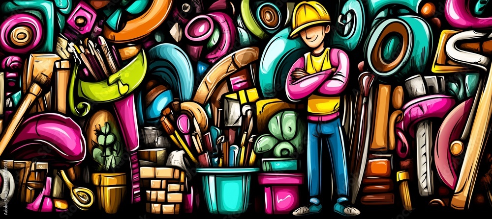 Obraz premium Colorful doodle illustration of various tools and a worker.
