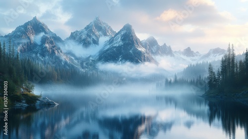 A serene landscape featuring snow-capped mountains reflected in a calm lake, surrounded by lush forests and misty clouds.