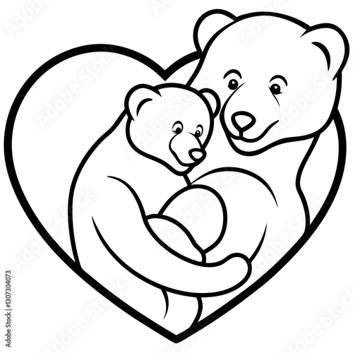 Mother Bear and Cub Heart Illustration – Cute Animal Family Love Vector

