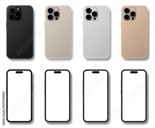 Mockup of a phone back and front sides with shadows. Smartphone case. 3D mobile phone screen Cell phone display frame. Black, white, gray and beige phones