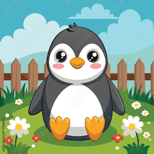 Adorable Cartoon Penguin in a Charming Garden