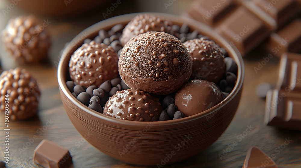 Chocolate truffles in a bowl on a wooden table Chocolate truffles in a bowl on a wooden table