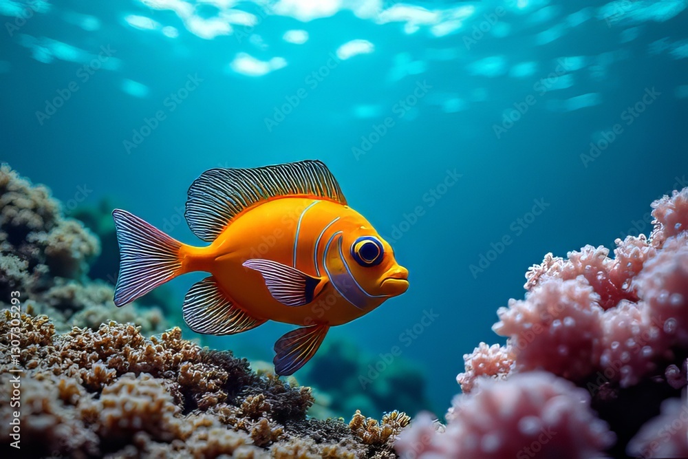 Fototapeta premium Vibrant Orange Fish Swimming Near Coral Reef Underwater
