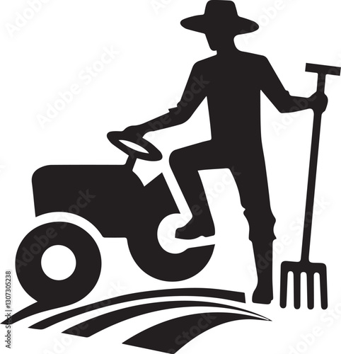 Farmer silhouette with tractor and pitchfork in a farming landscape
