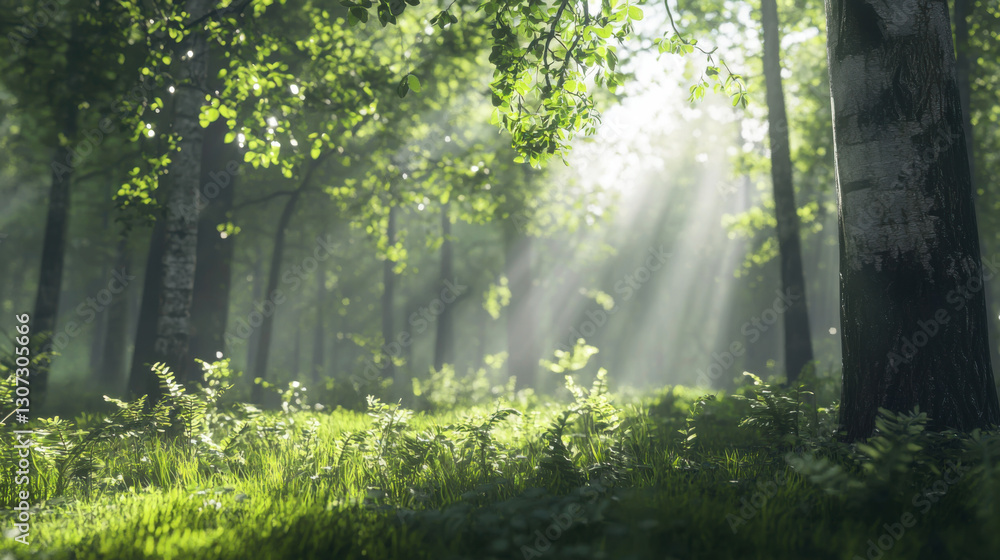 Obraz premium Serene sunlight filtering through lush green forest nature scene peaceful environment calm viewpoint tranquility concept