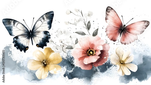 A charming antique style botanical the delicate beauty of butterflies and vibrant floral arrangements enhanced with fine historical detailing and soft vintage hues