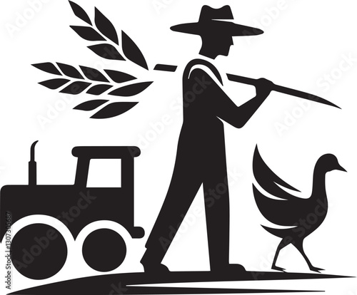 Farmer silhouette with tractor and pitchfork in a farming landscape
