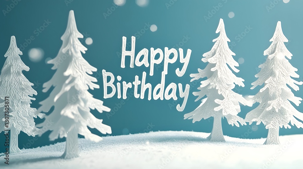 Obraz premium Detailed paper cut style winter wonderland themed birthday card design featuring snow covered trees and icy Happy Birthday text in a festive seasonal