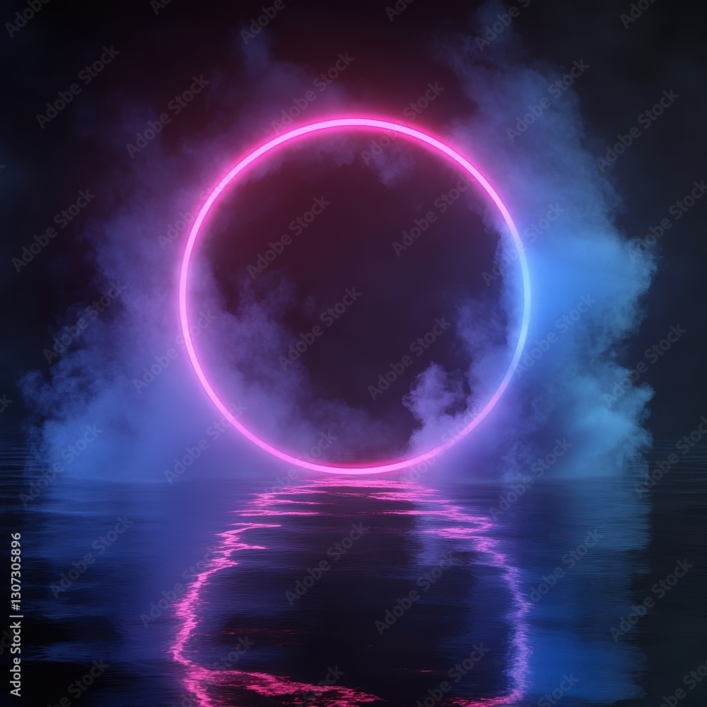 Naklejka premium Neon Circle in Mist over Water Surface, Illuminated with Blue and Pink Light, Creating Dreamlike and Ethereal Atmosphere for Artistic Backgrounds