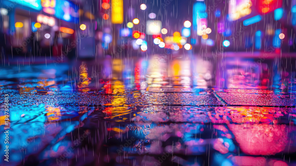 Fototapeta premium Rainy night reflections urban street cityscape photography vibrant lights low angle nighttime serenity