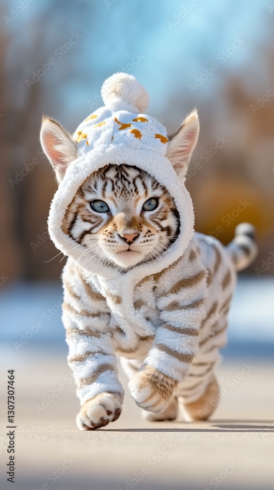 Fototapeta premium Adorable White Tiger Cub in Cozy Winter Hoodie Playing Outdoors in Bright Natural Setting