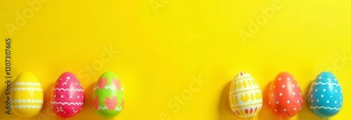 Yellow Horizontal Background with Easter Colored Painted Eggs
