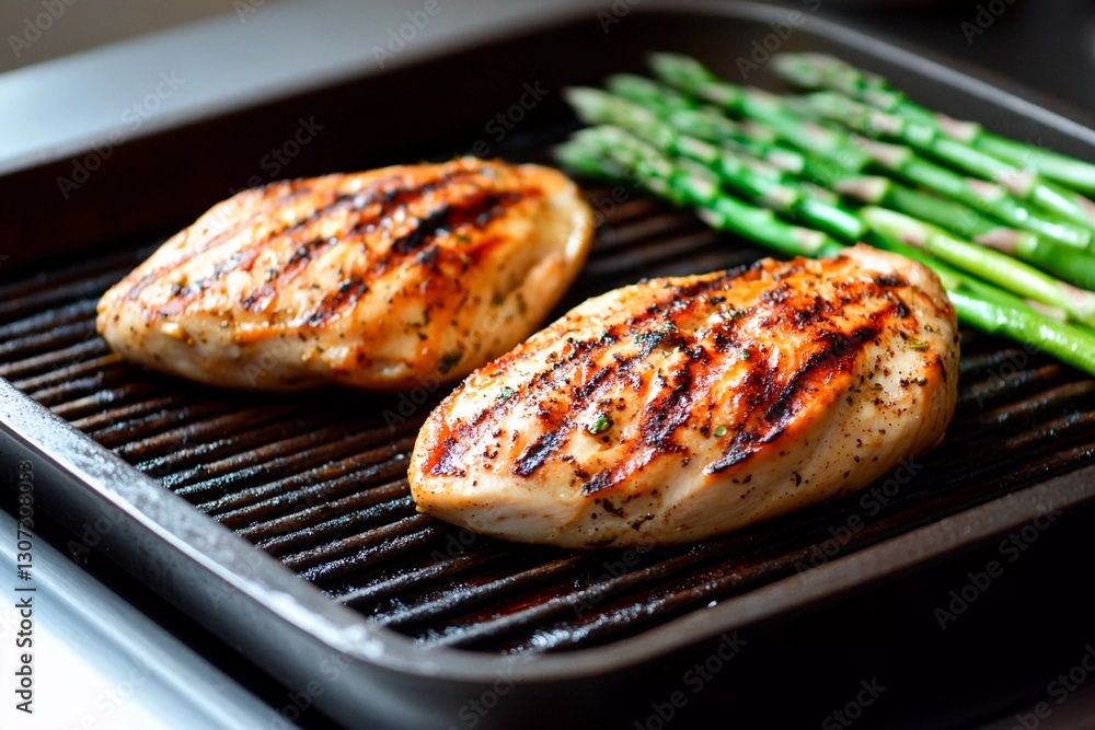 Two perfectly grilled chicken breasts rest on a hot grill pan beside vibrant green asparagus spears, showcasing a healthy, appetizing meal preparation in a contemporary kitchen Two perfectly grilled chicken breasts rest on a hot grill pan beside vibrant green asparagus spears, showcasing a healthy, appetizing meal preparation in a contemporary kitchen