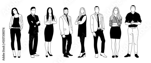 A group of people are standing in a line, all dressed in business attire. Concept of professionalism and formality