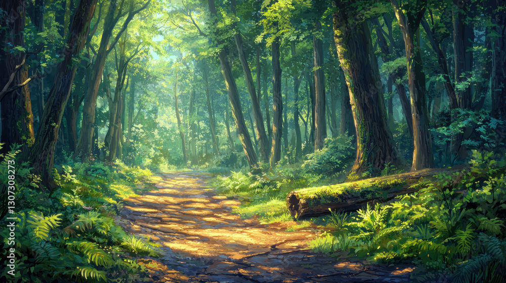 Obraz premium Tranquil trail discovery enchanted forest path nature scene lush green environment ground-level perspective serenity concept