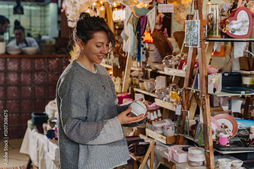 Woman shopping for unique handmade items at craft fair. Variety of handmade crafts and decorations at local fair.