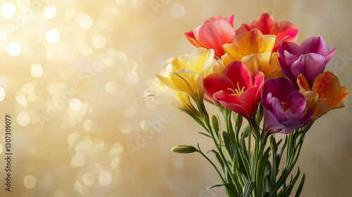 Fototapeta Naklejka Na Ścianę i Meble -  Frezje na jasnym tle, karta z miejscem na życzenia, generative ai 