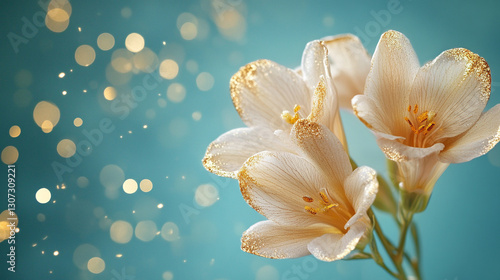 Fototapeta Naklejka Na Ścianę i Meble -  Frezje na jasnym tle, karta z miejscem na życzenia, generative ai 